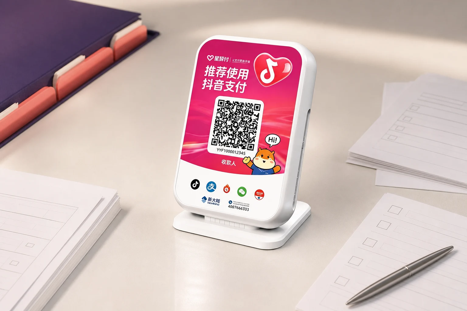 真实白色台式抖音支付设备与开通资料置于工作台